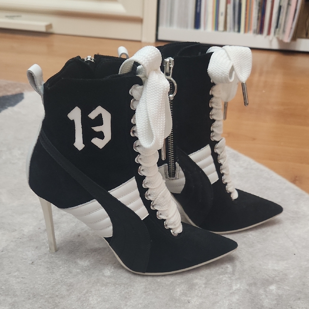 Black and White Lace-Up Stiletto Ankle Boots